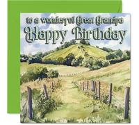 Heartfelt Birthday Card for Great Grandpa - Warm Wishes under Blue Skies - Serene Landscape Design with Rolling Hills - 145mm Square, Envelope Included