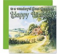 Heartfelt Birthday Card for Great Grandson - Warm Countryside Wishes - Charming House Scene with Gentle Greens and Yellows - 145mm Square, Envelope Included