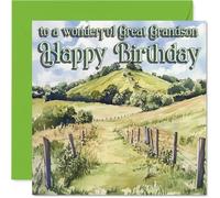 Heartfelt Birthday Card for Great Grandson - Warm Wishes for Your Special Day - Serene Landscape Design with Rolling Green Hills - 145mm Square, Envelope Included