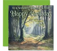 Heartfelt Birthday Card for Great Uncle - Warm Wishes in a Woodland Scene - Serene Forest Design with Soft Sunlight - 145mm Square, Envelope Included