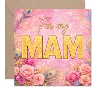 Heartfelt Birthday Card for Mam - Vibrant Floral and Peacock Design in Pink and Gold - Uplifting Touch for a Special Day, Mother's Day - 145mm Square, Envelope Included