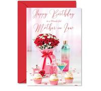 Heartfelt Birthday Card for Mother in Law - Celebrates How Truly Special She Is - Red Roses, Cupcakes and Perfume Bottles Design - 5x7 Inch, Envelope Included