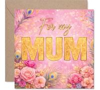 Heartfelt Birthday Card for Mum - Vibrant Florals and Peacock Flourish - Pink and Gold Design with Warm Celebratory Feel, Mother's Day - 145mm Square, Envelope Included