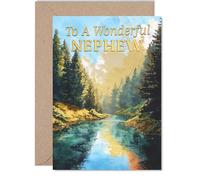 Heartfelt Birthday Card for Nephew - Serene River Landscape with Trees - Warm Colours Create a Peaceful Mood - 5x7 Inch, Envelope Included