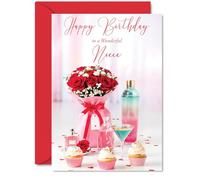 Heartfelt Birthday Card for Niece - Brimming with Birthday Love - Vibrant Roses, Cupcakes and Perfume Bottles - A Truly Special Card to Make Her Smile - A5, Envelope Included