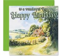 Heartfelt Birthday Card for Pop - A Warm Wish for a Wonderful Pop - Serene Cottage and Lush Green Nature Scene - 145mm Square, Envelope Included