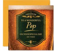 Heartfelt Birthday Card for Pop - Cheers to a Top Pop - Amber Beer Label Design with Gold and Green Accents - Raise a Glass on His Special Day - 145mm Square, Envelope Included