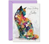 Heartfelt Birthday Card for Sister, Artful Watercolour Cat with Floral | Soft Botanical Hues Bring Playful Charm, A5, Envelope Included