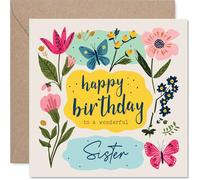 Heartfelt Birthday Card for Sister - Bright Blooms and Fluttering Butterflies - Cheerful Floral Artwork for a Lovely Sister - 145mm Square, Envelope Included