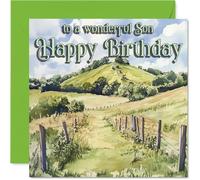 Heartfelt Birthday Card for Son - Celebrate His Big Day with a Serene Landscape Scene - Rolling Hills and Bright Sky Motif - 145mm Square, Envelope Included