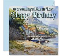Heartfelt Birthday Card for Son in Law - Warm Wishes on Your Special Day - Serene Coastal Scene with Boats and Colourful Houses - 145mm Square, Envelope Included