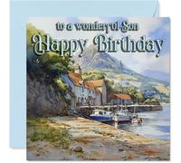 Heartfelt Birthday Card for Son - Warm Wishes and Tranquil Views - Serene Landscape with Boats Design - Perfect for Making His Day Extra Special - 145mm Square, Envelope Included
