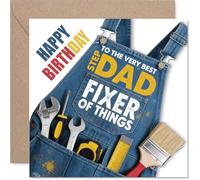 Heartfelt Birthday Card for Step Dad - Cheers to the Top Step Dad - Denim and Tools Design with Cheerful Appreciation - 145mm Square, Envelope Included