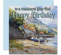 Heartfelt Birthday Card for Step Dad - Scenic Shoreline and Boats - Tranquil Landscape Design for a Wonderful Stepdad - 145mm Square, Envelope Included