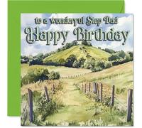 Heartfelt Birthday Card for Step Dad - Warm Wishes for a Wonderful Step Dad - Serene Landscape Design in Calming Greens and Blues - 145mm Square, Envelope Included