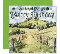 Heartfelt Birthday Card for Step Father - Warm Wishes on Your Special Day - Serene Rolling Hills Landscape in Green and Yellow - 145mm Square, Envelope Included