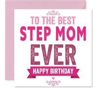 Heartfelt Birthday Card for Step Mom - Brighten Her Day - Bold Pink and White Design with 'to the Best Step Mom Ever' - 145mm Square, Envelope Included