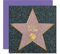 Heartfelt Birthday Card for Step Mom - Shining Star Vibes - Pink, Gold and Purple Celebration Design for Step-mum, Mothers' Day - 145mm Square, Envelope Included