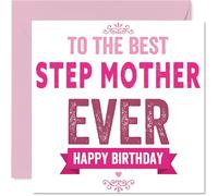 Heartfelt Birthday Card for Step Mother - Big Birthday Hugs - Bold Pink and White Family Design Celebrating the Best Step Mum - 145mm Square, Envelope Included
