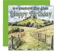 Heartfelt Birthday Card for Step Mum - Sending Warm Wishes - Serene Green Landscape Design with Pastel Tones - 145mm Square, Envelope Included