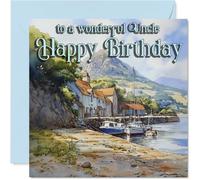 Heartfelt Birthday Card for Uncle - Serene Coastal Vibes - Boats and Houses in a Tranquil Seaside Scene - A Warm Touch for Your Wonderful Uncle - 145mm Square, Envelope Included
