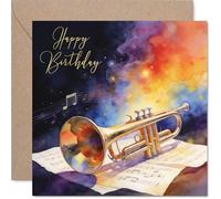Heartfelt Birthday Card - Strike Up the Birthday Band - Vibrant Watercolour Trumpet and Musical Notes - 145mm Square, Envelope Included