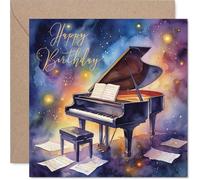 Heartfelt Birthday Card - Striking Cosmic Piano Scene for Music Lovers - Artistic Galaxy Birthday Design - Touch of Elegance in Every Note - 145mm Square, Envelope Included