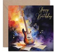 Heartfelt Birthday Card - Striking Guitar and Music Notes Artwork - Vibrant Watercolour Design - Perfect for Music Lovers - 145mm Square, Envelope Included