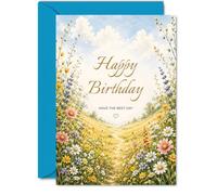 Heartfelt Birthday Card, Sunlit Wildflower Meadow with Gold Lettering | Uplifting Spring Landscape Design, Warm Wishes for a Joyful Year, A5, Envelope Included