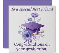 Heartfelt Congratulations Card for Best Friend - A Proud Moment to Remember - Graduation Cap with Floral Detail in Bold Purple - 145mm Square, Envelope Included