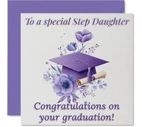 Heartfelt Congratulations Card for Step Daughter - Celebrating a New Chapter - Purple Graduation Cap with Floral Accents - 145mm Square, Envelope Included