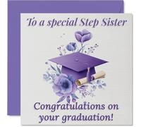 Heartfelt Congratulations Card for Step Sister - A Proud Moment Worth Celebrating - Graduation Cap and Floral Design in Purple and White - 145mm Square, Envelope Included