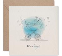 Heartfelt New Baby Card - Oh Boy, What a Debut - Hand-sketched Pram and Blue Watercolour Stars - Gentle Way to Send Your Warmest Wishes - 145mm Square, Envelope Included