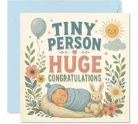 Heartfelt New Baby Card - Tiny Bundle, Massive Joy - Sleeping Baby and Bunny Among Soft Florals, Sun and Balloon - 145mm Square, Envelope Included