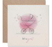 Heartfelt New Baby Card - Welcome to the World, Little One - Pink Pram and Scattered Stars in a Charming Watercolour Style - 145mm Square, Envelope Included