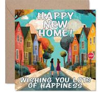 Heartfelt New Home Card - Bright Wishes for Your New Adventure - Colourful Houses with Friends Illustration - Adds a Cheery Touch to Any Move - 145mm Square, Envelope Included