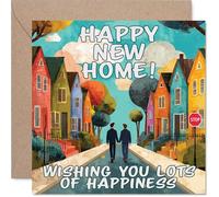 Heartfelt New Home Card - Bursting with Joy - Colourful Houses and Cheerful Couple Illustration - Perfect Way to Share Warm Wishes - 145mm Square, Envelope Included
