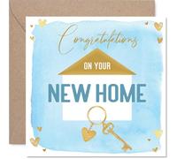 Heartfelt New Home Card - Warm Wishes for a Fresh Start - Cheerful Home, Gold Key and Heart Accents - Bursting with Joy and Good Vibes - 145mm Square, Envelope Included