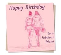 Heartfelt Pink Happy Birthday Card For Women - To A Fabulous Friend - Pink Silhouette Sketch Design - Female Birthday Card For Best Friend