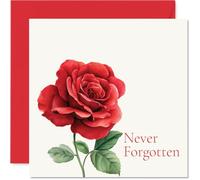 Heartfelt Sympathy Card - A Gentle Reminder They're Never Far from Our Thoughts - Elegant Red Rose Illustration with 'Never Forgotten' Wording - 145mm Square, Envelope Included