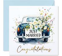 Heartfelt Wedding Card - Classic Vintage Car with White Rose Bouquet - Joyful Confetti and Gold Script for Newlyweds - Timeless Watercolour Charm - 145mm Square, Envelope Included