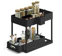 Hearth & Harbor Bathroom Organizer Sink Shelf with Utility Hooks and Side Caddy for Under Cabinet Storage, 1 Pack, Black