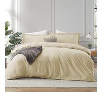 Hearth & Harbor Beige Cream Queen Size Duvet Cover Set - 3 Piece, Soft Double Brushed Duvet Covers with Button Closure, 1 Duvet Cover 90x90 inches and 2 Pillow Shams 20x26 inches