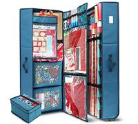 Hearth & Harbor Premimum Gift Wrapping Paper Storage Organizer On Wheels - with Exclusive Pockets, Center Flap, Mesh Boxes, and Ribbon Box - Wrap Paper Container