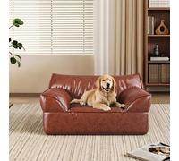 Hearthform Luxury Brown Waxed Leather Dog Bed & Sofa for Small Medium Dogs, Memory Foam Mattress with Removable Washable Cover, Cozy Pet Couch for Living Room，80 * 63 * 40CM