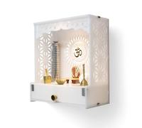 Heartily® Acrylic Shree Beautiful Pooja Stand for Home Mandir, White, Wall Mount, LED Spot Light, 18x8.75 Inch
