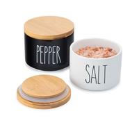 Heartland Home Ceramic Salt and Pepper Bowls. Dual Holder Salt Cellar with Lid. Black and White Stackable Salt Container Set. Salt Keeper, Pepper Bowl, 2 Airtight Wooden Lids. 9oz Salt Box Pinch Dish