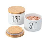 Heartland Home Ceramic Salt and Pepper Bowls. Dual Holder Salt Cellar with Lid - White, Stackable Salt Container Set. Incl Salt Keeper, Pepper Bowl and 2 Airtight Wooden Lids. 9oz Salt Box Pinch Dish