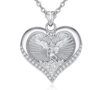 HeartMelody St Michael Necklace Birthday Gifts For Women Mom,18K White Gold Plated Sant Michael Medal Heart Pendant Necklaces Catholic Jewelry Anniversary Present for Wife, Her