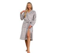 HEARTNICE Womens Hooded Fleece Robe, Soft Bathrobe for Womens, Cute Long House Coat, Leopard Print-light Grey, S/M